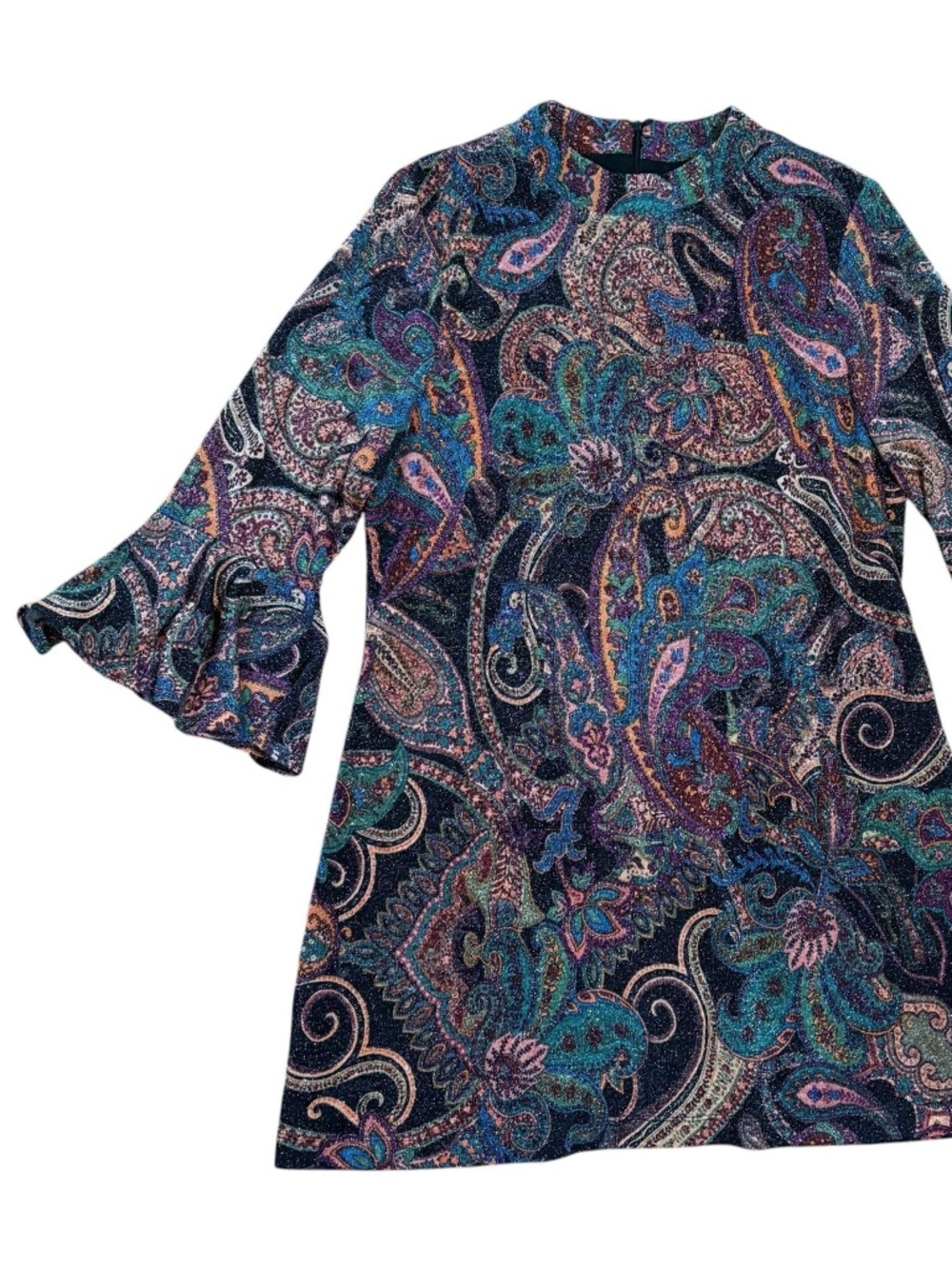Boho Paisley Retro Glitter Mini Dress Flutter Sleeve Mock Neck